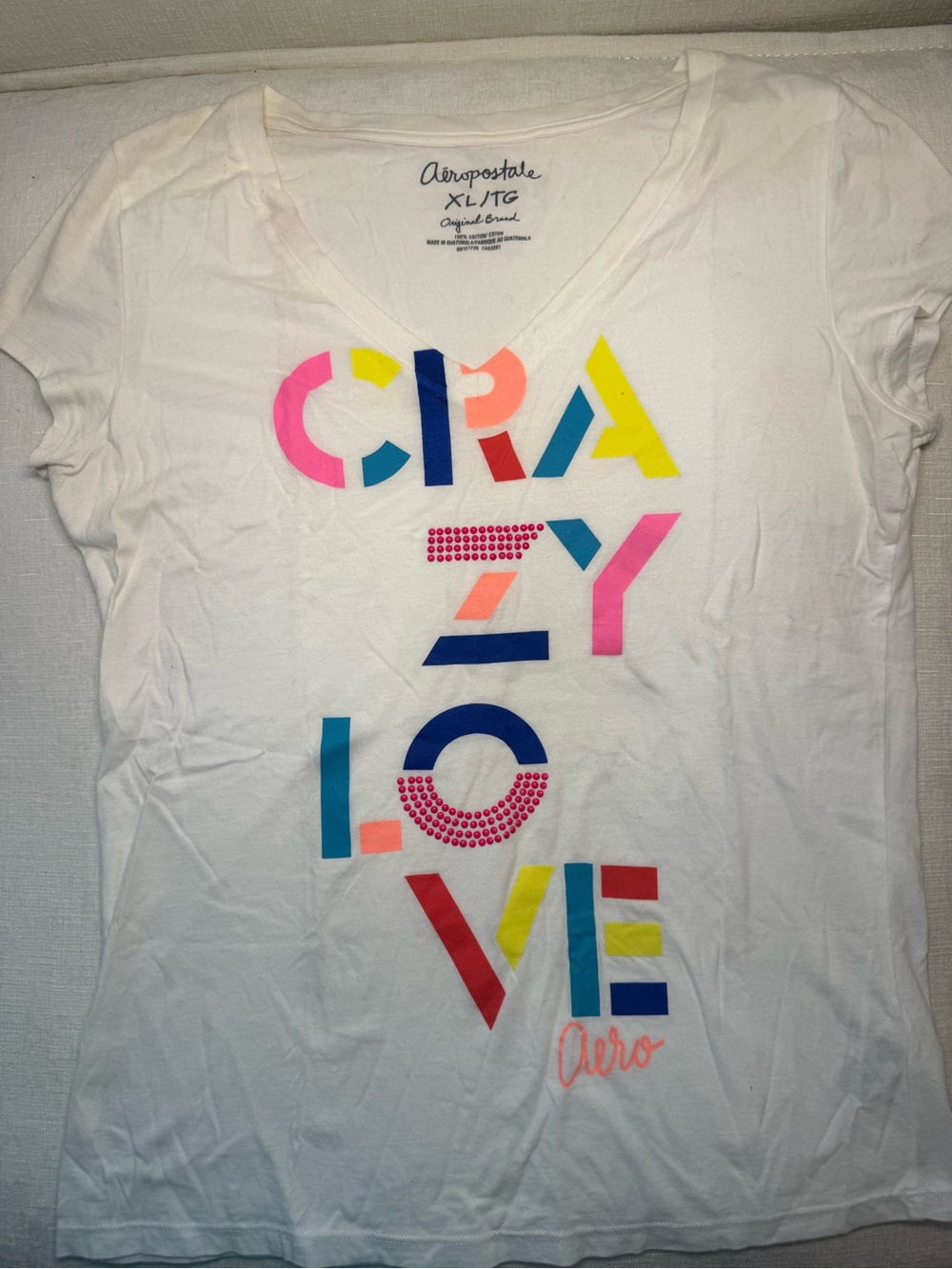 Aeropostale White V-Neck Tee with Multicolor 'CRAZY LOVE' Graphic